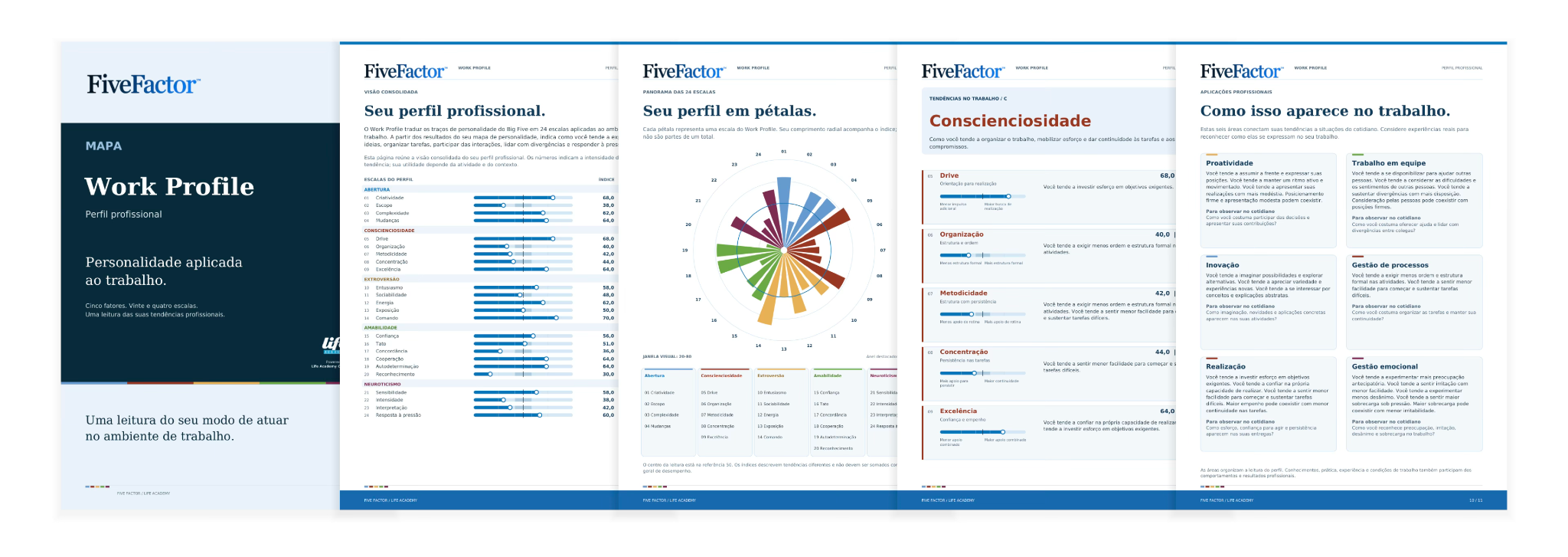 Capa e páginas do Work Profile com visão consolidada, gráfico das 24 escalas, tendências em Conscienciosidade e aplicações no trabalho